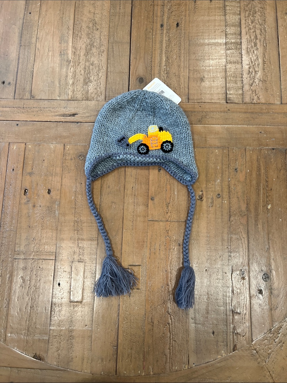 Huggalugs digger beanie hat gray knit bulldozer 2-6 years chin tie tassel
